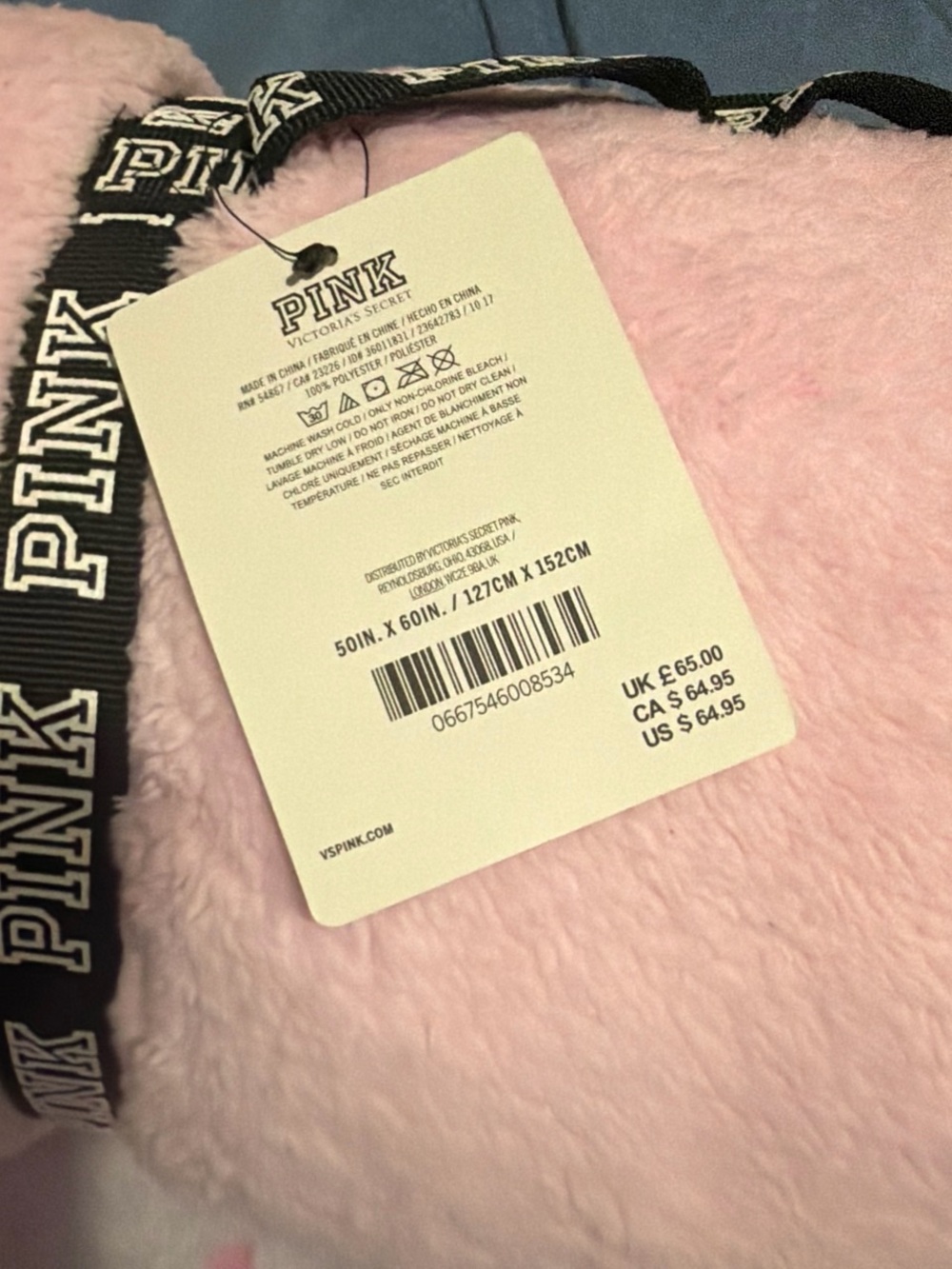 PINK Victoria's Secret Plush Robe/Throw in Light Pink with Black Logo Tie
